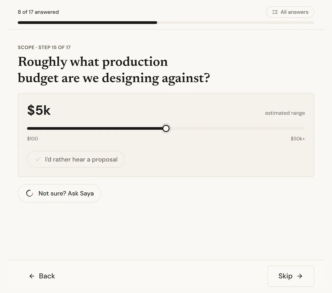 The budget question in Sosai, with a slider and an open option