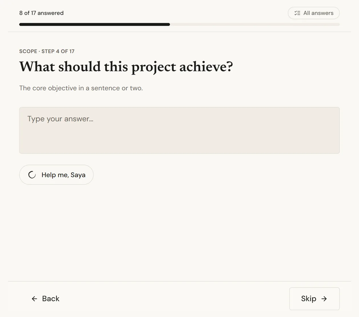 The goals question in Sosai, with a button that reads Help me, Saya