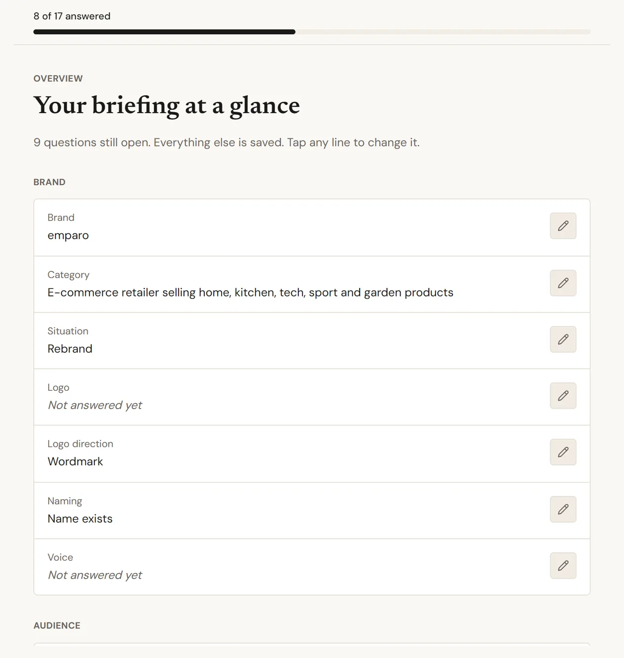 The finished brief at a glance, section by section